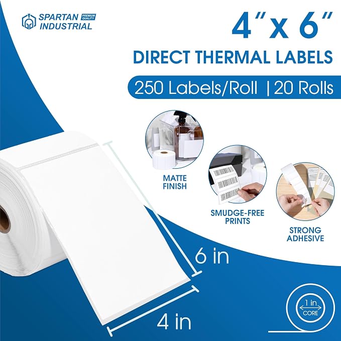 Spartan Industrial - 4" X 6" Direct Thermal Labels (5000 Count, 20 Rolls) - Printable Postage Shipping Labels for Packages and Returns - Compatible with Zebra and Rollo Printers