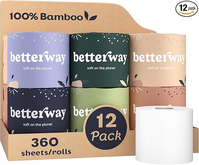 Betterway Bamboo Toilet Paper 3 Ply - Sustainable Toilet Tissue - 12 Long-Lasting Rolls & 360 Sheets Per Roll - Septic Safe - Organic, Plastic & PFAS Free - FSC Certified