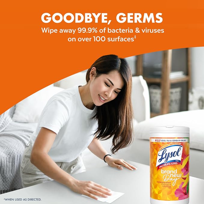 LYSOL Disinfecting Wipes, All Purpose Cleaner, Multi-Surface Antibacterial Cleaning Wipes, Household Cleaning Supplies, Dorm Essentials, Mango & Hibiscus Scent, 80 ct.