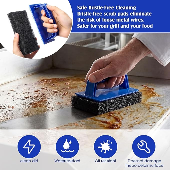 LemonRoad 12 Sets of Griddle Cleaning Kit, Heavy Duty Griddle Scrubber, Including Scouring Pads and Handles, Flat Top Grill Cleaning Scrubber Brush with Handle for Oven, BBQ, Cookware, Kitchen