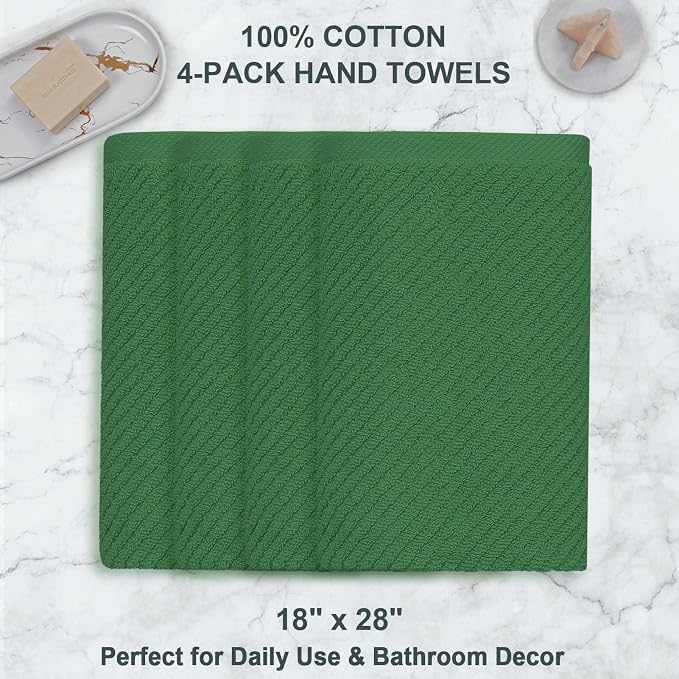 VOOVA & MOVAS Hand Towels 4PC, 100% Cotton, 18x28 in, Hunter Green | Quick Dry, Thick, Soft, Absorbency, Bathroom Essentials Set, Suitable For Household, Guest Bathroom, Spa
