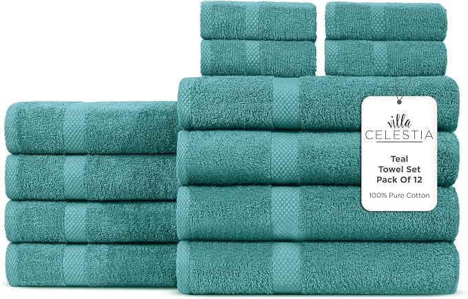 Villa Celestia 12-Piece 100% Cotton Towel Set, 4 Bath Towels, 4 Hand Towels, 4 Wash Cloth, Quick-Dry, Teal