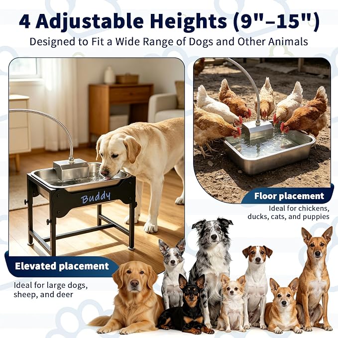 BWOGUE 3 Gal Automatic Dog Water Dispenser, Elevated Outdoor Bowl for Dogs | Automatic Water Dispenser for Dogs, Stainless Steel Pet Waterer, 9/11/13/15 in Stand, Float Valve, Big Dogs Pets Livestock