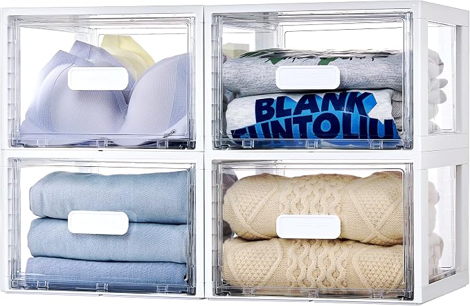 Vtopmart 4 Pack White Stackable Storage Drawers 15QT, Easily Assemble Closet Organizers,Plastic Storage Bins for Bathroom,Cabinet,Kitchen Pantry,Under Sink Organization(Medium)