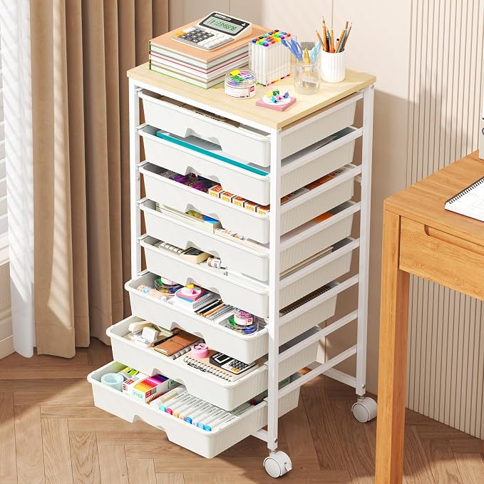 Goovilla Rolling Cart with Drawers, Utility Cart Organizer With 8 Removable Drawers and Wooden Tabletop, Lockable Rolling Storage Organizer for Art, Classroom, Home, Dorm, Office, Craft Storage, White