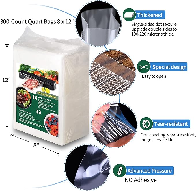 AENTGIU 300-Count Food Vacuum Sealer Bags 8 x 12 inch, Thick BPA-Free Sous Vide Bags Compatible with Most Vac Machines, Food Saver, Seal a Meal, Commercial Grade Quart Precut Meal Prep Storage Bags