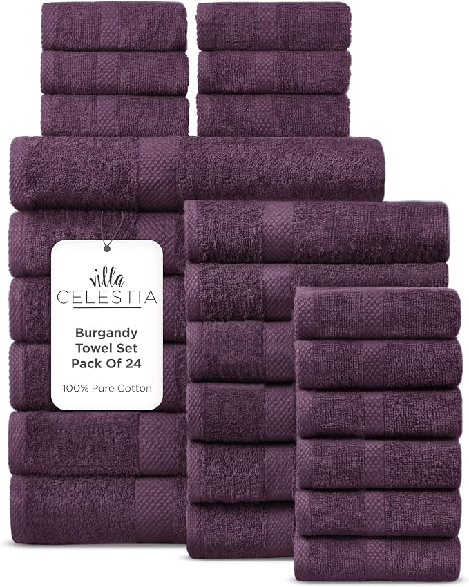 Villa Celestia 24-Piece 100% Cotton Towel Set, 6 Bath Towels, 6 Hand Towels, 12 Wash Cloth, Quick-Dry, Burgandy