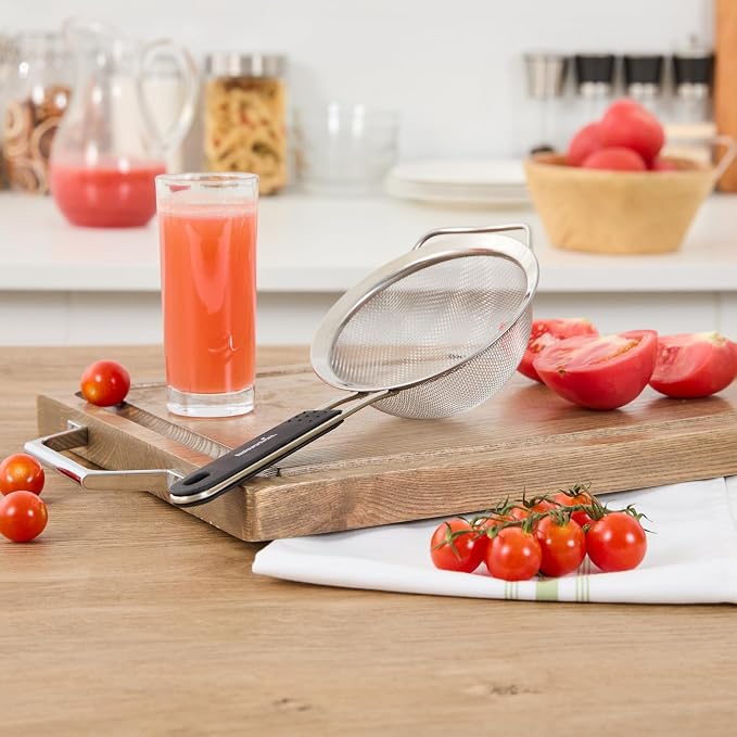 Restaurantware Fine Mesh Strainer 1 Count 12.6" x 5.5" x 2.3" with Silicone Handle Stainless Steel Extra Fine Mesh Strainer Heat-Resistant Handle Dishwasher-Safe for Rice, Quinoa, Pasta