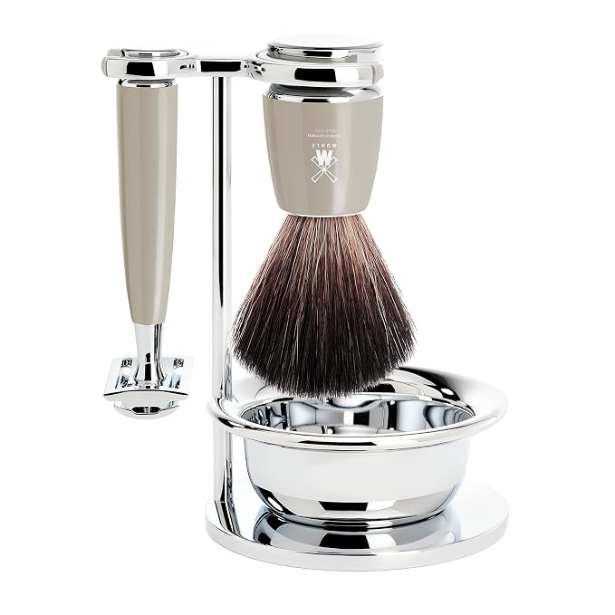 MÜHLE RYTMO Shaving Kit for Men, Melange Grey Shaving Grooming Set 4 Pieces | Closed-comb razor, synthetic brush, bowl and stand with Melange Grey finish for organized wet-shaving daily grooming routines