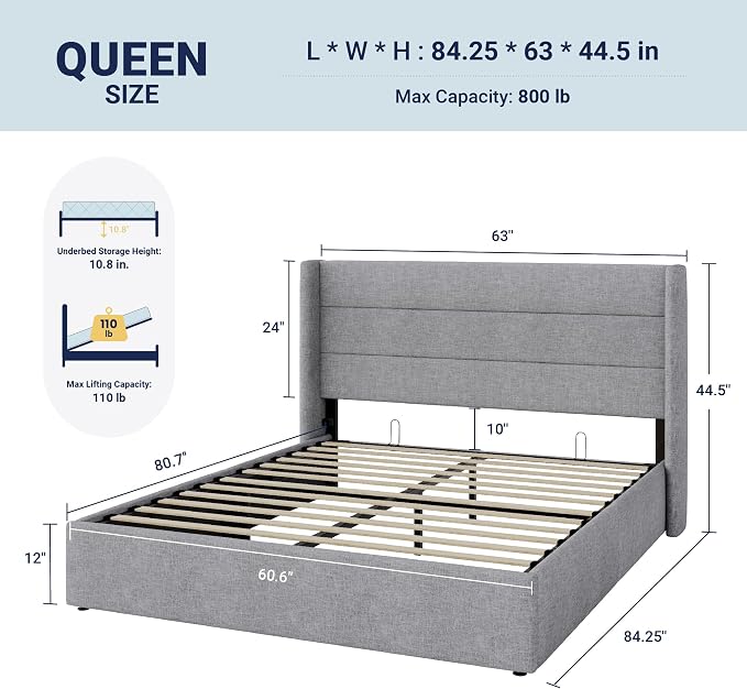 Allewie Queen Size Lift Up Hydraulic Storage Bed Frame Light Grey | Modern Wingback Headboard, Hydraulic Support Storage, No Box Spring Needed
