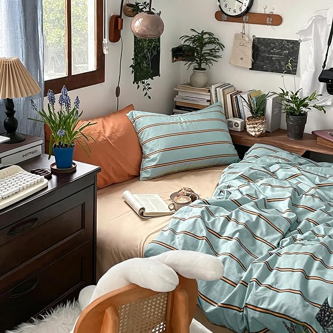 mixinni Retro Mint Blue Striped Duvet Cover Set - 100% Natural Cotton 3-Piece Vintage Stripes Pattern Printed Bedding Set, Soft Breathable Comforter Cover with Zipper Closure & Corner Ties, King Size