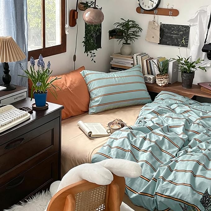 mixinni Retro Mint Blue Striped Duvet Cover Set - 100% Natural Cotton 3-Piece Vintage Stripes Pattern Printed Bedding Set, Soft Breathable Comforter Cover with Zipper & Ties, Twin XL Size