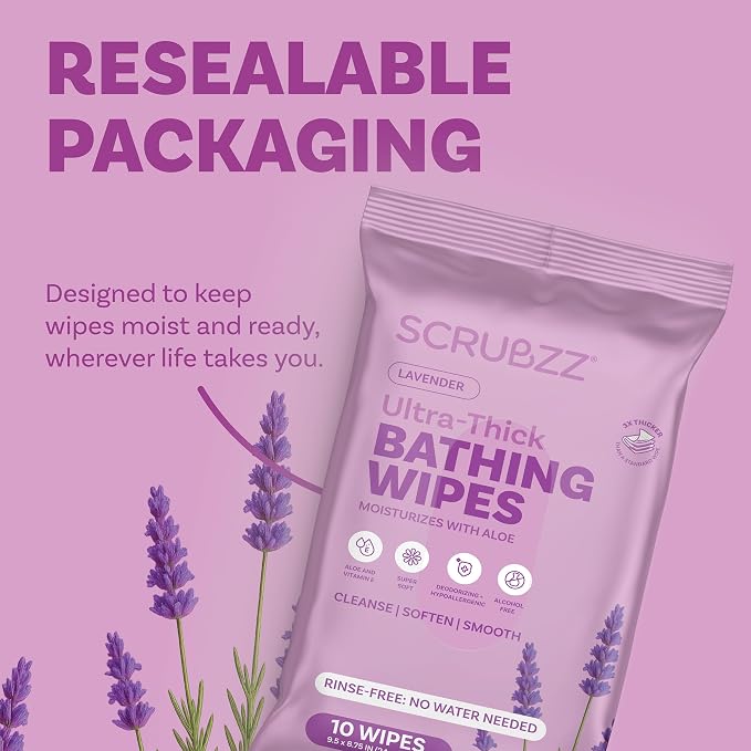Extra Large Bath Wipes for Adults Bathing No Rinse - 80 Ultra Thick Disposable Body Cleansing Wipes for Men, Women & Elderly - Great for Gym, Camping, Post Surgery - Lavender