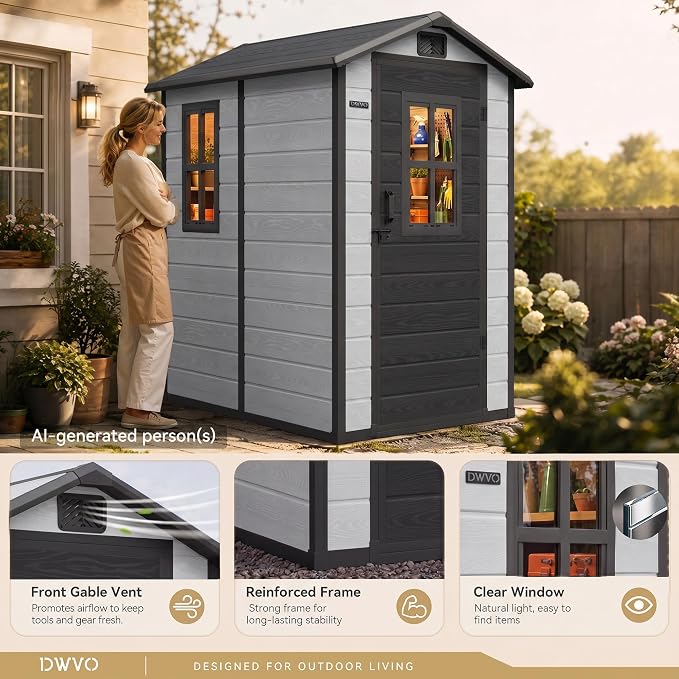 DWVO Outdoor Storage Shed 4.4×6FT, Plastic Garden Shed with 2 Windows | Resin Outdoor Tool Shed with Floor, Door Handle & Lock, Vents for Backyard Patio, Stores Bike Garden Tools, Gray & Black