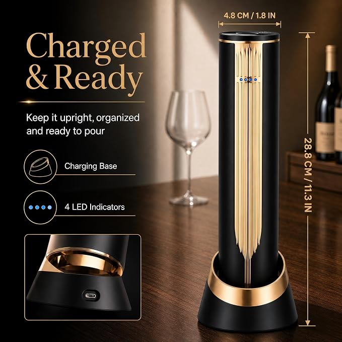 BLUBYEES Electric Wine Opener with Charging Base and Built-In Foil Cutter, Rechargeable Touch-Activated Automatic Corkscrew, Premium Wine Gifts for Men Women, Dad, Husband