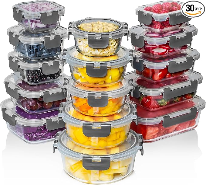 Razab 30 PC Glass Food Storage Containers with Lids - Reusable Glass Meal Prep Containers for Lunch and Leftovers - Airtight & Leakproof Snap Locking Lids - Oven, Freezer, Microwave & Dishwasher Safe