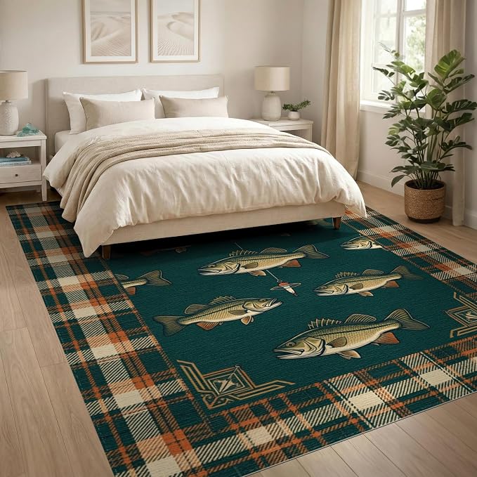 8'x10' Washable Area Rug Cabin Bass Plaid Border Vintage Baits Lure Tackle Fish Fishing Refined for Living Room, Under Sectional, Family, Non-Slip Flatwoven