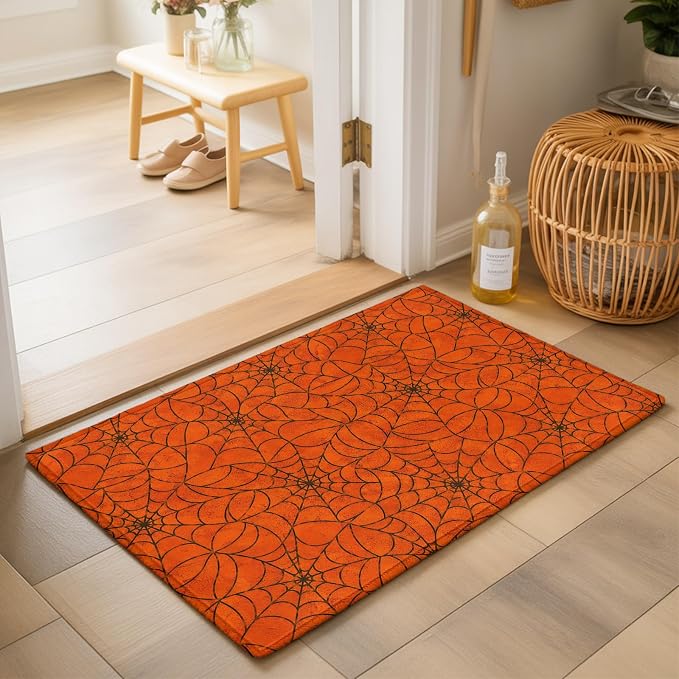 Entryway Area Rug 2'x3', Orange Halloween Washable Small Area Rugs for Kitchen Bathroom Bedroom Office Laundry, Black Spiders Net Classic Gingham Non Slip Door Mat Indoor Entrance Floor Throw Carpet
