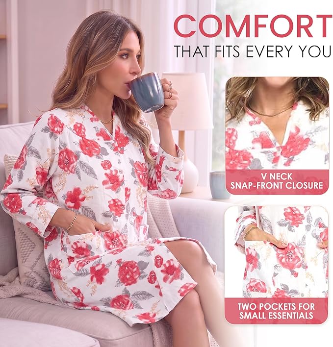 Casual Nights Women's Floral Snap Front Flannel Duster Long Sleeve Lounger Dress