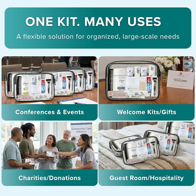 TrekTote Bulk 10 Piece Hygiene Kit Travel Size Toiletries Kit, Care Package, Mini Deodorant Shampoo Toothbrush Toothpaste, Clear Bag 5 Pack