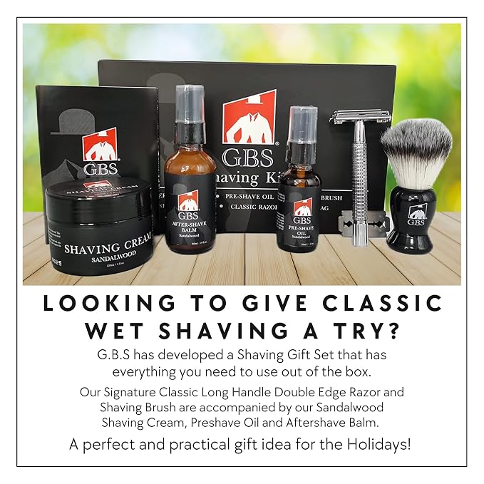 GENTS Men’s Shaving Kit with Faux Leather Travel Bag – Safety Razor, Shaving Brush, Sandalwood Shaving Cream, Pre & After Shave Oils, DE Refill Blades & Towel (Shaving Kit with Travel Bag, 9 Pieces)