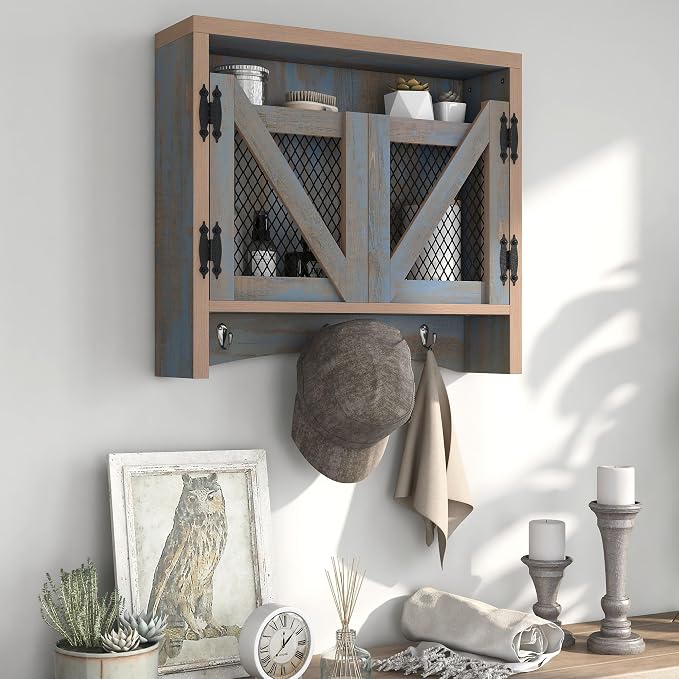 UNA Farmhouse 2 Shelves Wood Wall Cabinet with Net Doors for Bathroom, Kitchen, Living Room, Bedroom, Home Office, Laundry Room, Distressed Blue