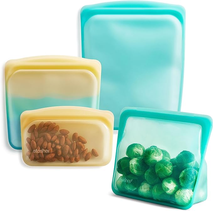 Stasher Reusable Silicone Food Storage Bags, 4-Pack, Endangered Seas | Food-Safe Silicone, Eco-Friendly, Reusable Freezer Bags, Microwave, Dishwasher, Oven, Snack Bags, Lunch Containers, Meal Prep