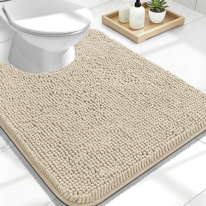 OLANLY Toilet Rugs U-Shaped 24x20, Extra Soft Absorbent Chenille Contour Bathroom Rugs for Toilet, Dry Quickly, Machine Washable, Non-Slip Bath Mat, Sand