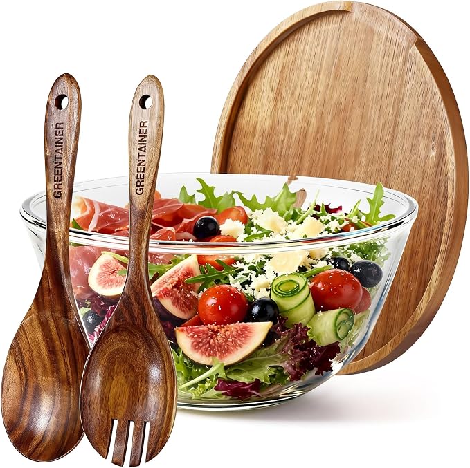 Greentainer Glass Salad Bowl with Wood Lid as Cheese Charcuterie Board and Plate,152oz Large Serving Bowl & Storage Bowl Sets with Wood Utensils - Dishwasher Safe
