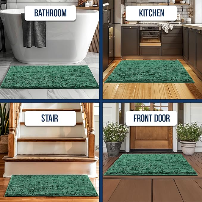 Muddy Mat® | Chenille Bathroom Rugs Quick Dry Microfiber Mats Non Slip Washable, Extra Thick, Soft and Highly Absorbent Bath Mats for Bathroom, Kitchen, and Shower Floor - Dark Green 24"x59"