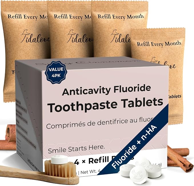 Fluoride Toothpaste Tablets, 5% nHAp, Cinnamon, 4-Month Refill | 248 cinnamon fluoride toothpaste tablets with 5% nano hydroxyapatite in 4 paper refill pouches; 4-month daily supply.