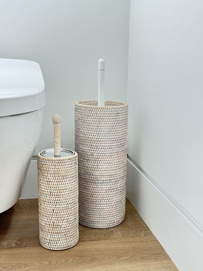 KOUBOO Rattan Toilet Brush Holder Set with Lid Bathroom Decor White Wash | Handwoven Craftsmanship, Removable Inner Cup, Replaceable Brush Head, Odor Control, Easy-Clean Design