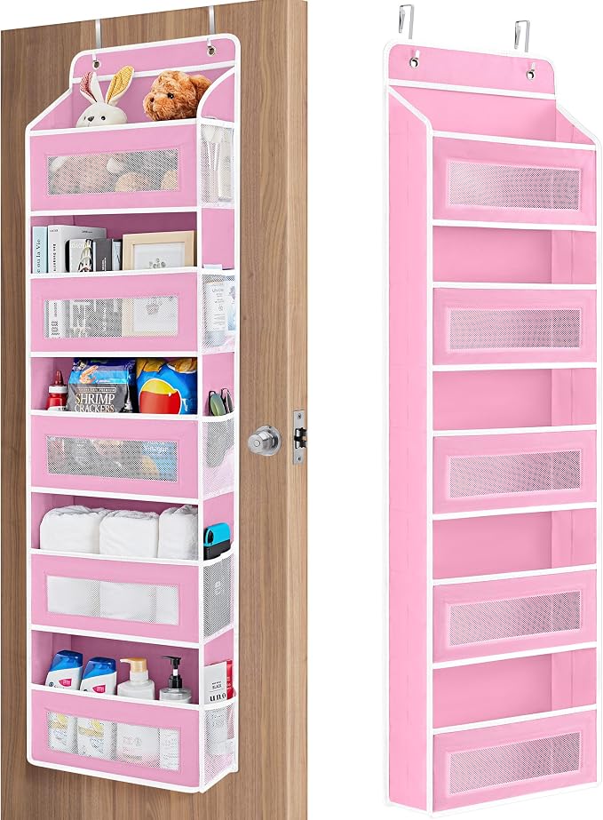 JARLINK Over the Door Organizer for Bedroom, Pantry, Bathroom, 5 Shelf Pink | Anti-Tilt Design, 44 lb Load Capacity, Hanging Door Organizer with 5 Large Capacity Pockets, Behind Door Storage for Nursery
