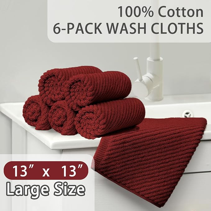 VOOVA & MOVAS Washcloths 6PC, 100% Cotton, 13x13 in, Burgundy Red | Quick Dry, Thick, Soft, Absorbent, Face Towels For Bathroom, Towel Gift Set, Great For Spa, Home, Travel