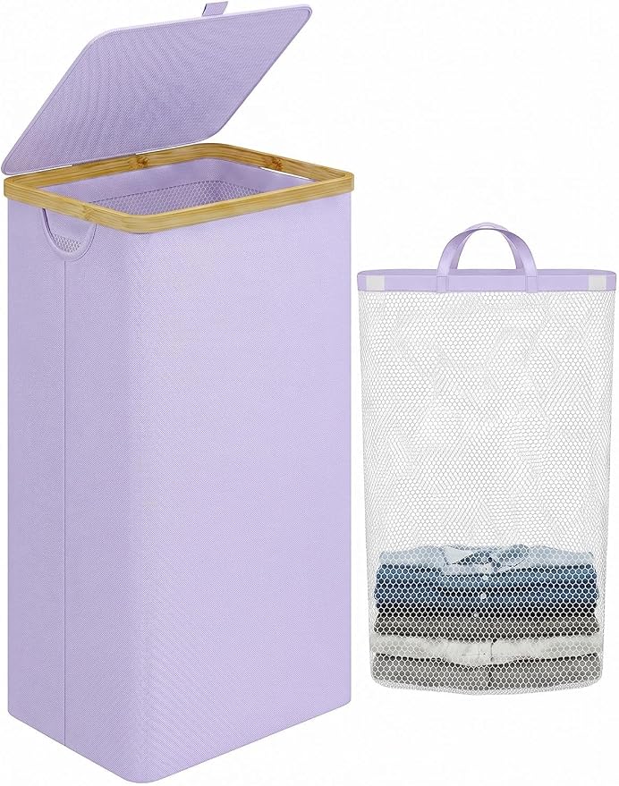iEGrow Laundry Hamper with Lid, 110L Large Laundry Basket with Removable Bag, Clothes Basket Hamper with Bamboo Frame for Clothes Towels Organizer- Purple
