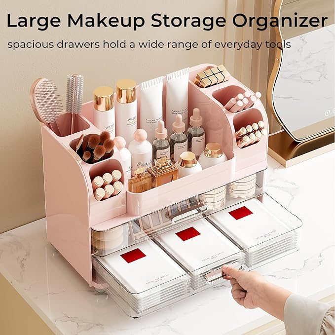 UFORU Makeup Organizer for Vanity with 2 Large Drawers, Cosmetic Display Case with Brush Holders, Easy to Storage for Bathroom Countertop Skincare, Perfume, Pink