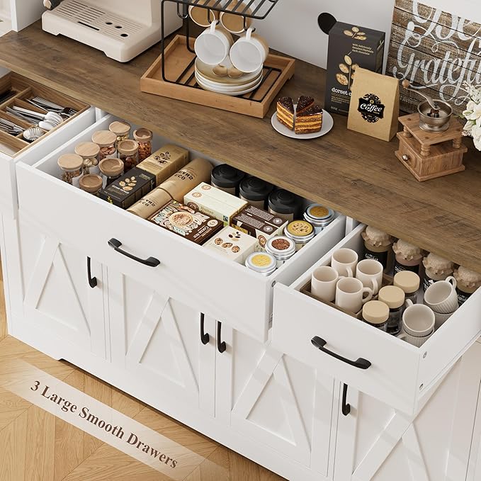 HOSTACK 71" Tall Kitchen Pantry Storage Cabinet, 55" W Kitchen Hutch, White | Large Pantry Cabinet with Charging Station / Countertop / 3 Drawers, Farmhouse Hutch Cabinet with Storage for Dining Room