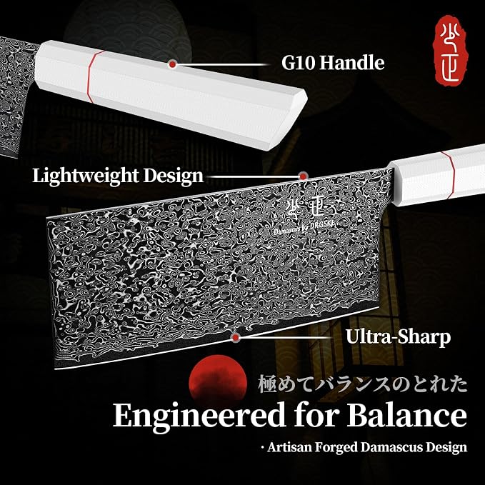 DRGSKL Damascus Meat Cleaver Knife - VG10 Butcher Knife for Meat Cutting | Japanese VG10 Core, Black Anti-corrosion Coating, Damascus Blade, G10 Handle, Gift Box, Wet Edge Grinding Technology