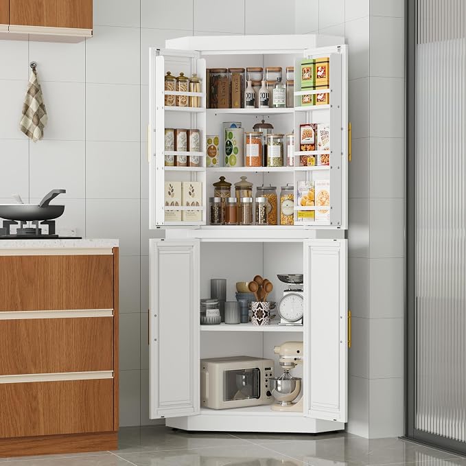 GAIOUS 63" Metal Corner Kitchen Pantry Cabinet, Kitchen Food Cabinets White | Tall Steel Storage Cabinet with 4 Doors and 3 Shelves, Farmhouse Cupboard with 6 Door Panel Shelves, for Dining Hallways