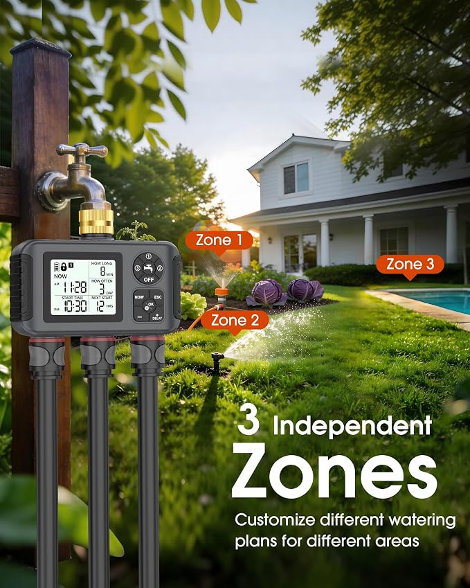Insoma Water Timer with Brass Inlet, 3 Independent Zones Outdoor Hose Timer for Garden Faucet with Auto/Manual/Rain Delay Mode, IPX5 Waterproof, Sprinkler Irrigation Controller for Yard Lawn