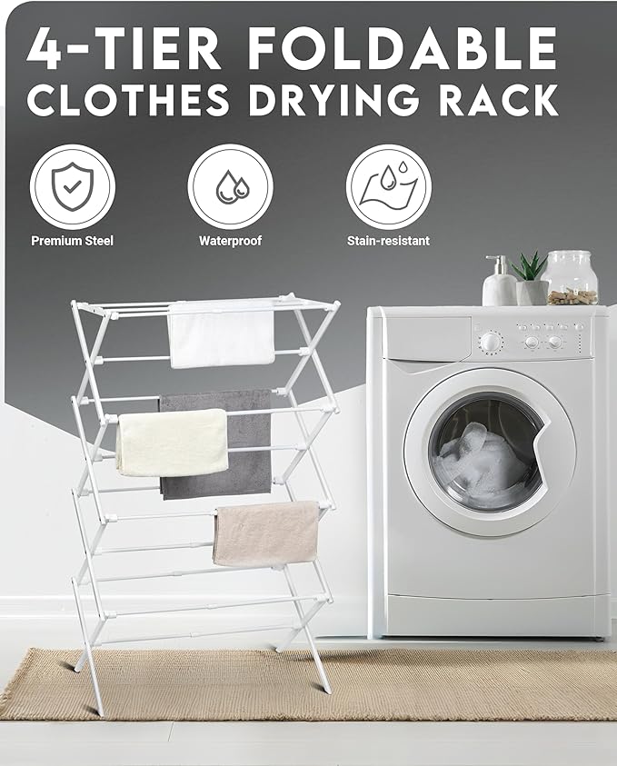 ZOES HOMEWARE 4-Tier Clothes Drying Rack, 4ft High Foldable Drying Rack Clothing for Indoor & Outdoor, Portable Collapsible Laundry Dryer for Laundry Room and Apartment, White 29" L x 49" H x 11.5" W
