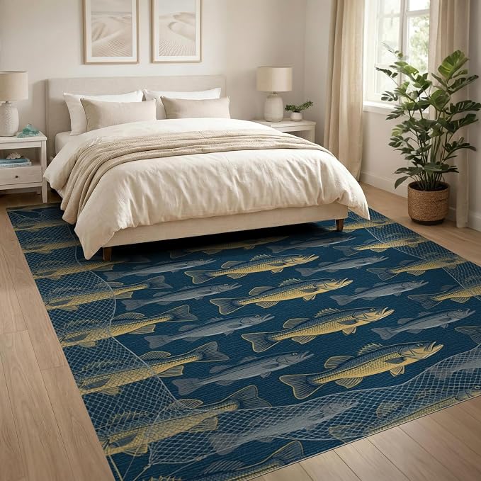 8'x10' Washable Area Rug Bass Repeating Lure Net Border Tackle Motif Angler Fish Fishing Refined for Living Room, Under Sectional, Family, Non-Slip Flatwoven