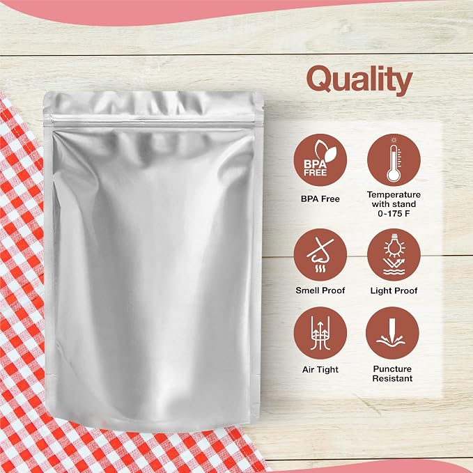 BELLE KR® 100pcs 1 Quart Mylar Bags with Gusseted Bottom - Extra Thick 10 Mil - 7"x10" Resealable Stand Up Mylar Ziplock Bags with Label Stickers