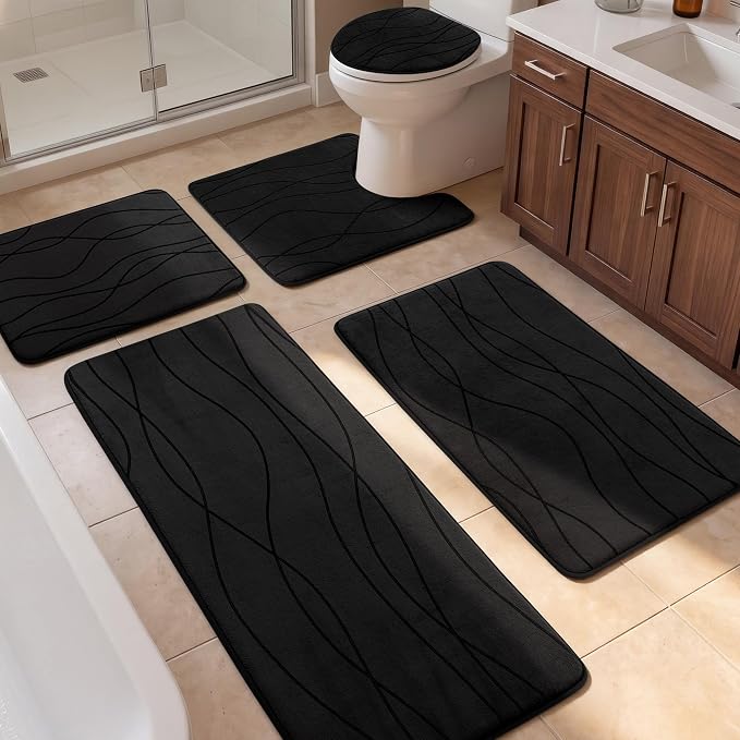 YIHOUSE Bathroom Rugs Set 5 Piece, Memory Foam Bath Mat Black | Ultra Soft, Absorbent, Non-Slip, Machine Washable, for Bathroom, Sink and Toilet