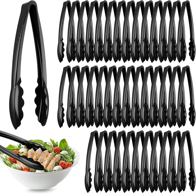 Tessco for you 80 Pcs Plastic Tongs for Serving Bulk, 9 Inch Plastic Disposable Serving Tongs, Heavy Duty Salad Tong for Kitchen, Buffet, BBQ, Events & Catering (Black)