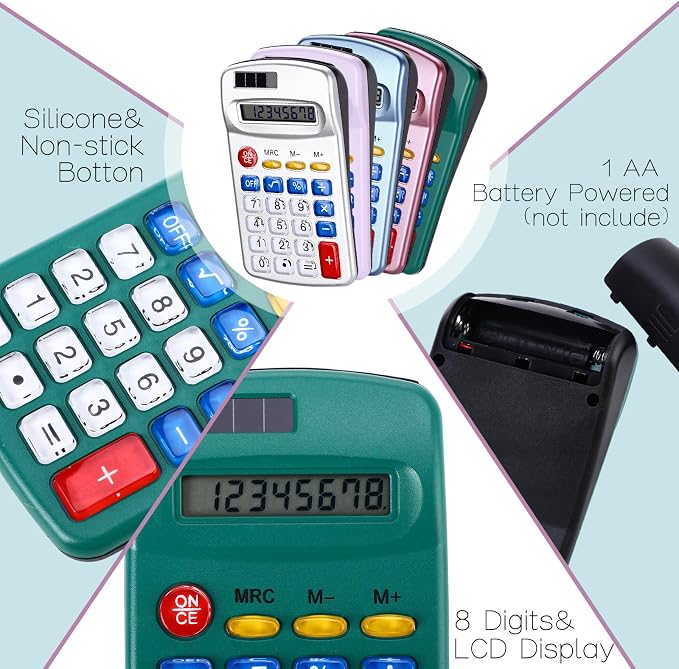 Flutesan 30 Pack Pocket Calculator Small Battery Powered Bulk Mini Size 4 Function Hand Held Basic Calculator for Students Kids School Home Office (Blue, Gray, Red, Green, Purple)