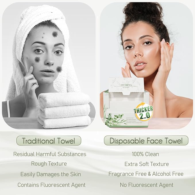WOWOTEX THICKER Disposable Face Towels Ultra Soft Large Dry Wipes 50 Count | Gentle for All Skin Types, Thick Soft Sheets, 10"×12", Ideal for Skincare, Makeup Removal and Daily Facial Cleansing