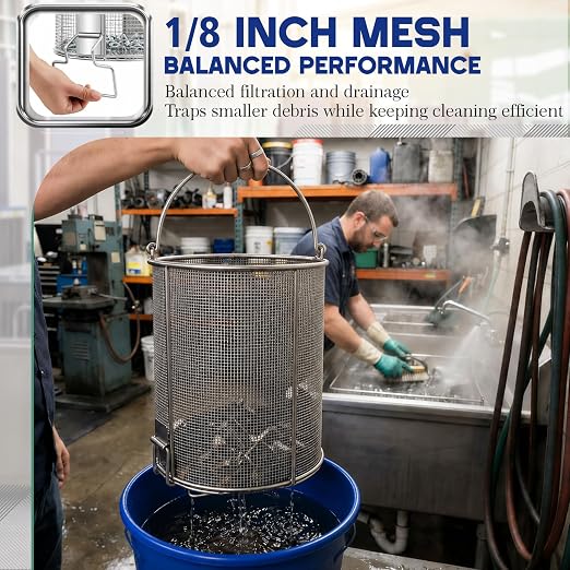 1 Pcs 1/8″ Mesh 5 Gallon Dip and Drain Stainless Steel Part Cleaning Strainer Basket for Buckets Swing Handle for Mechanics Auto Parts Washing Garage Shop & Home Workshop, Bucket Not Included