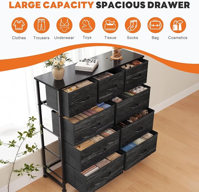 Sweetcrispy 9 Drawer Fabric Dresser Storage Tower with Wood Top and Steel Frame, Organizer Chest with Easy Pull Handles for Bedroom, Closet, Hallway,Black Wood Grain
