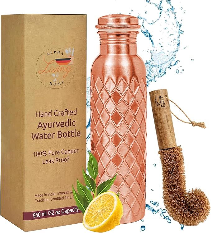 Copper Water Bottle 32 Oz Extra Large, Pure Copper Bottle for Drinking Water, Diamond Ayurvedic Drinking Bottle, Leak Proof Vessel, Cleaning Brush, Daily Hydration for Home Travel